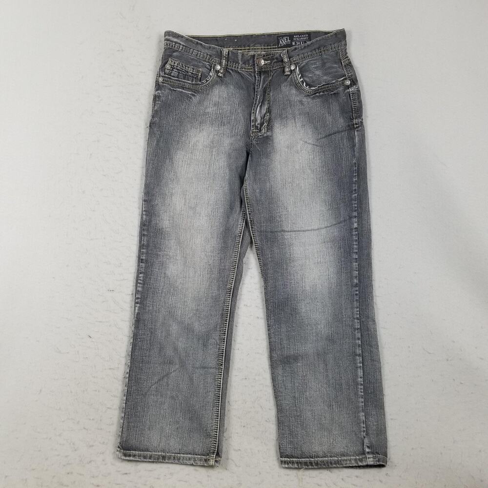 Axel Relaxed Straight Jeans Mens 34x30 Gray Distressed Embroidered‎ Denim Pants